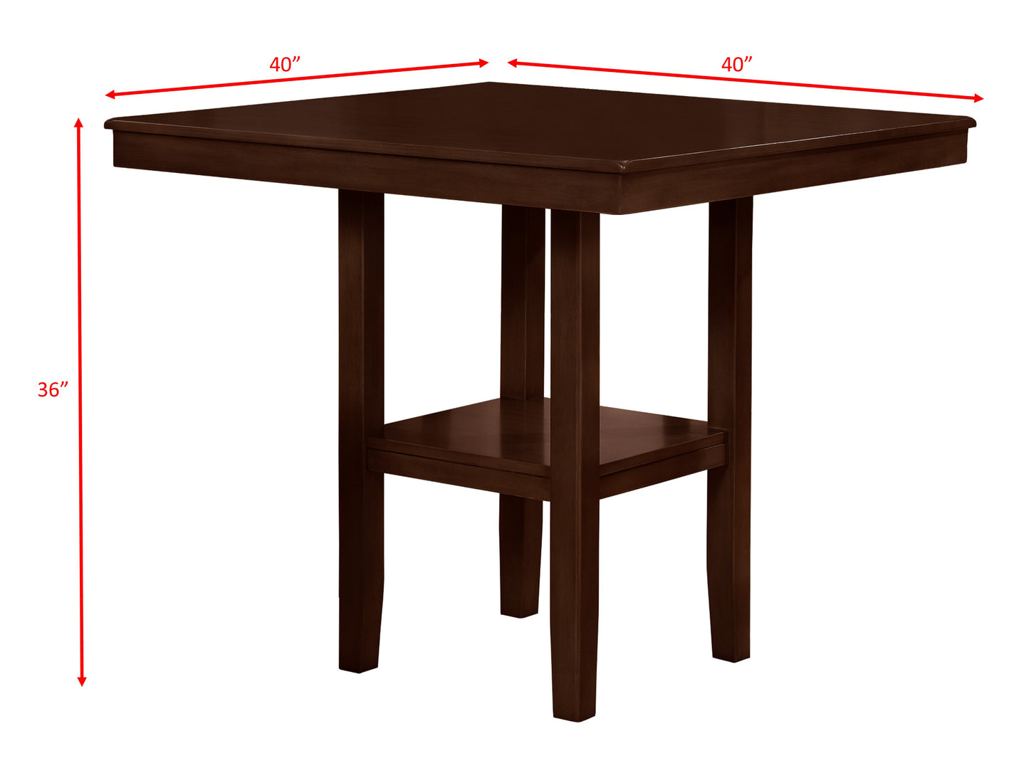 Dark brown inch tall square dining table with lower shelf