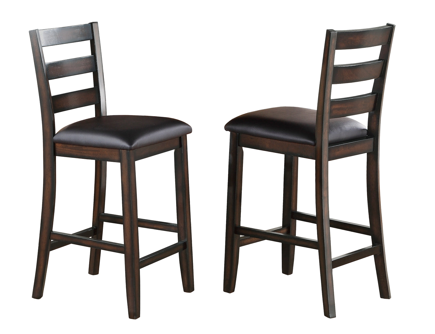Pair of dark wood bar stools with black cushioned seats and ladder backs