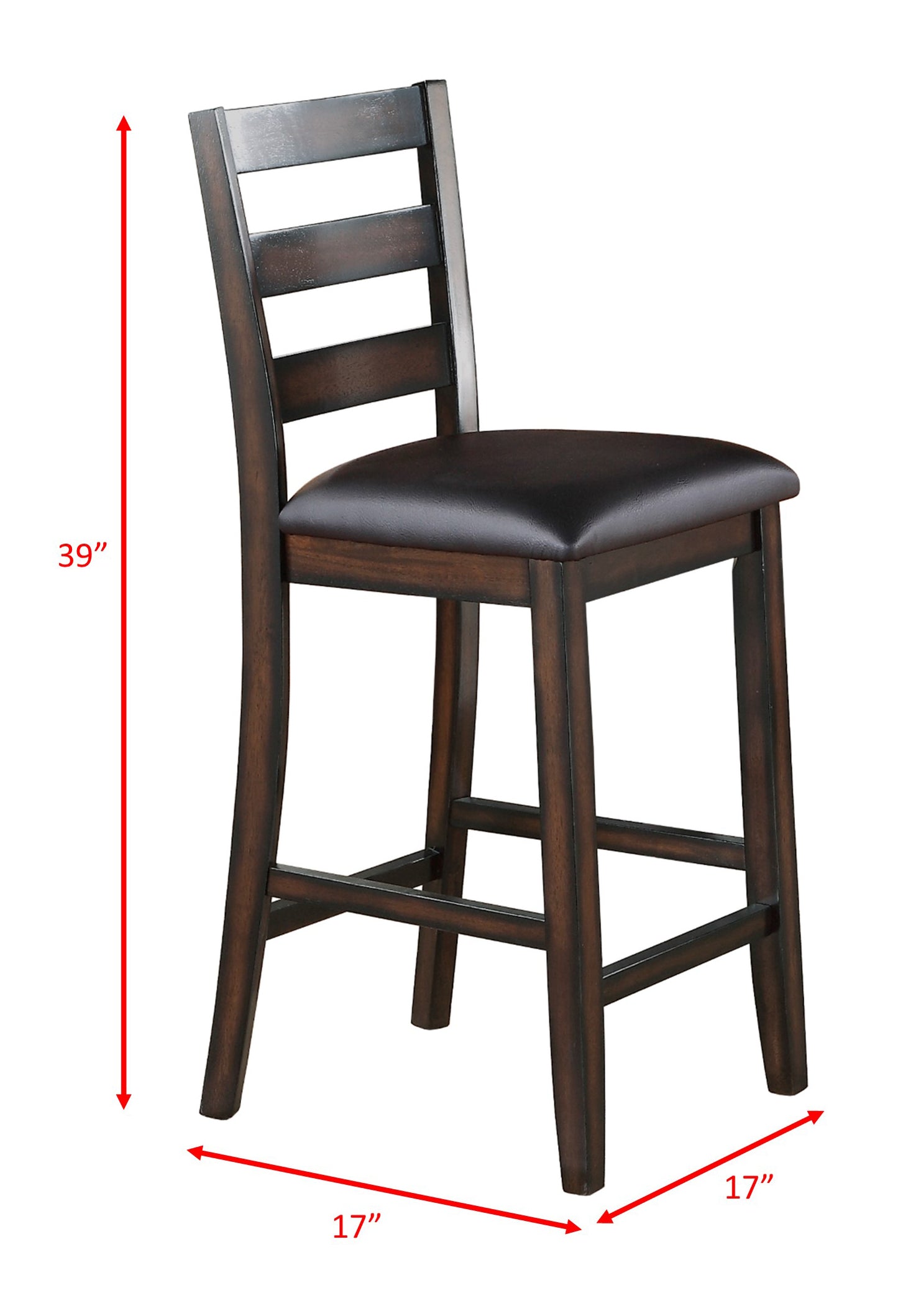 Dark brown wooden counter stool with upholstered seat