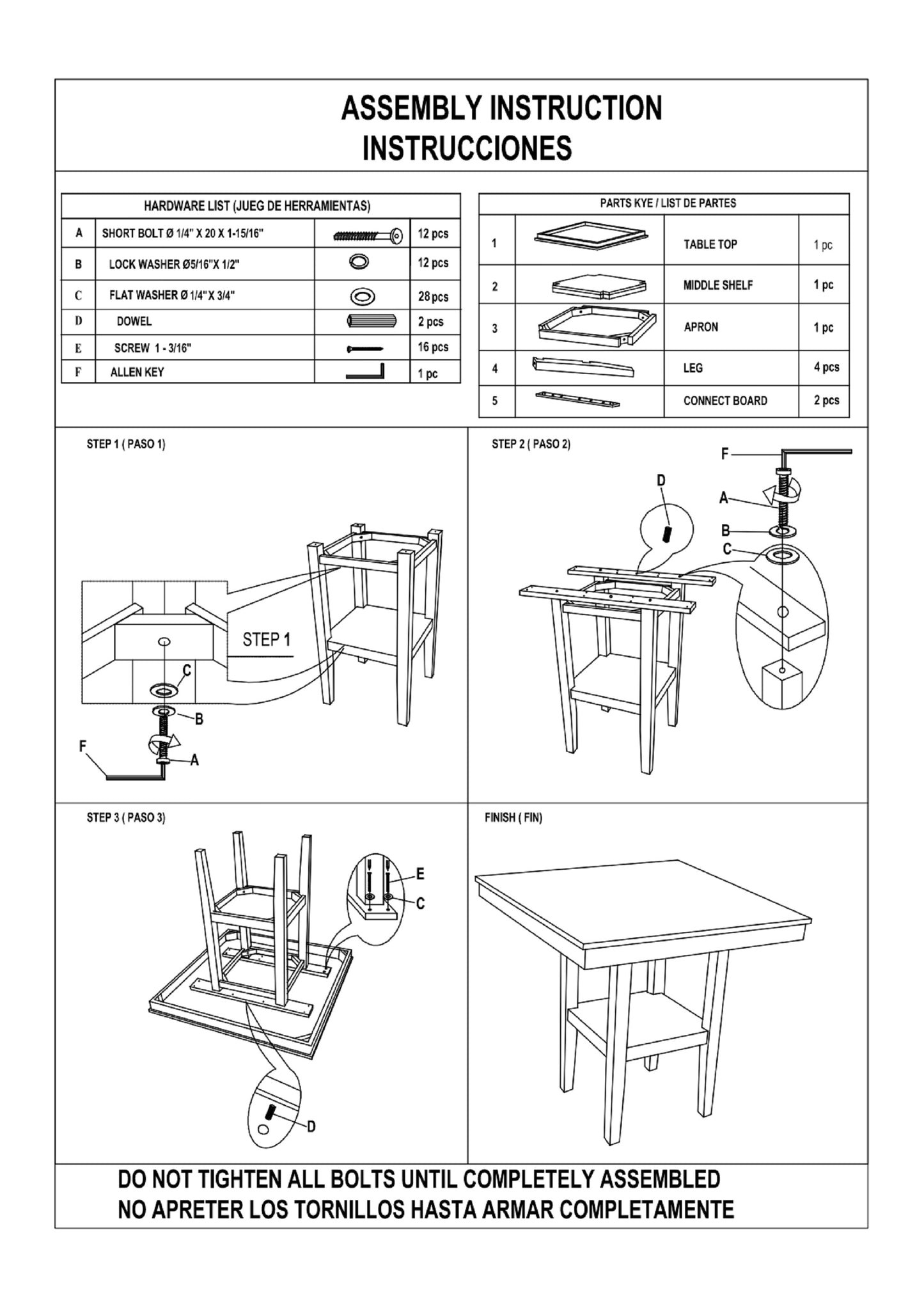 Short bolt diagram for furniture assembly