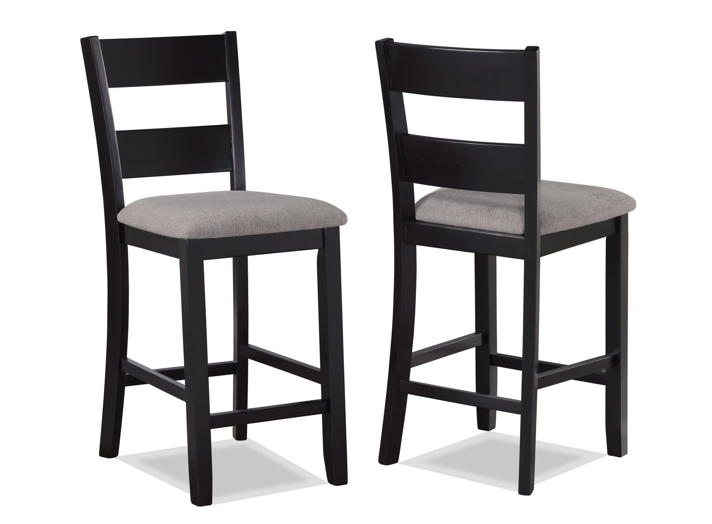 Black wooden bar stool with a grey upholstered seat and ladder back
