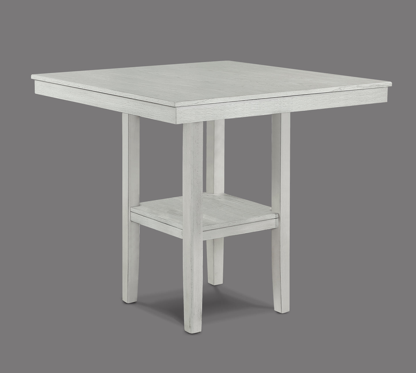 Square white wood counter height table with shelf