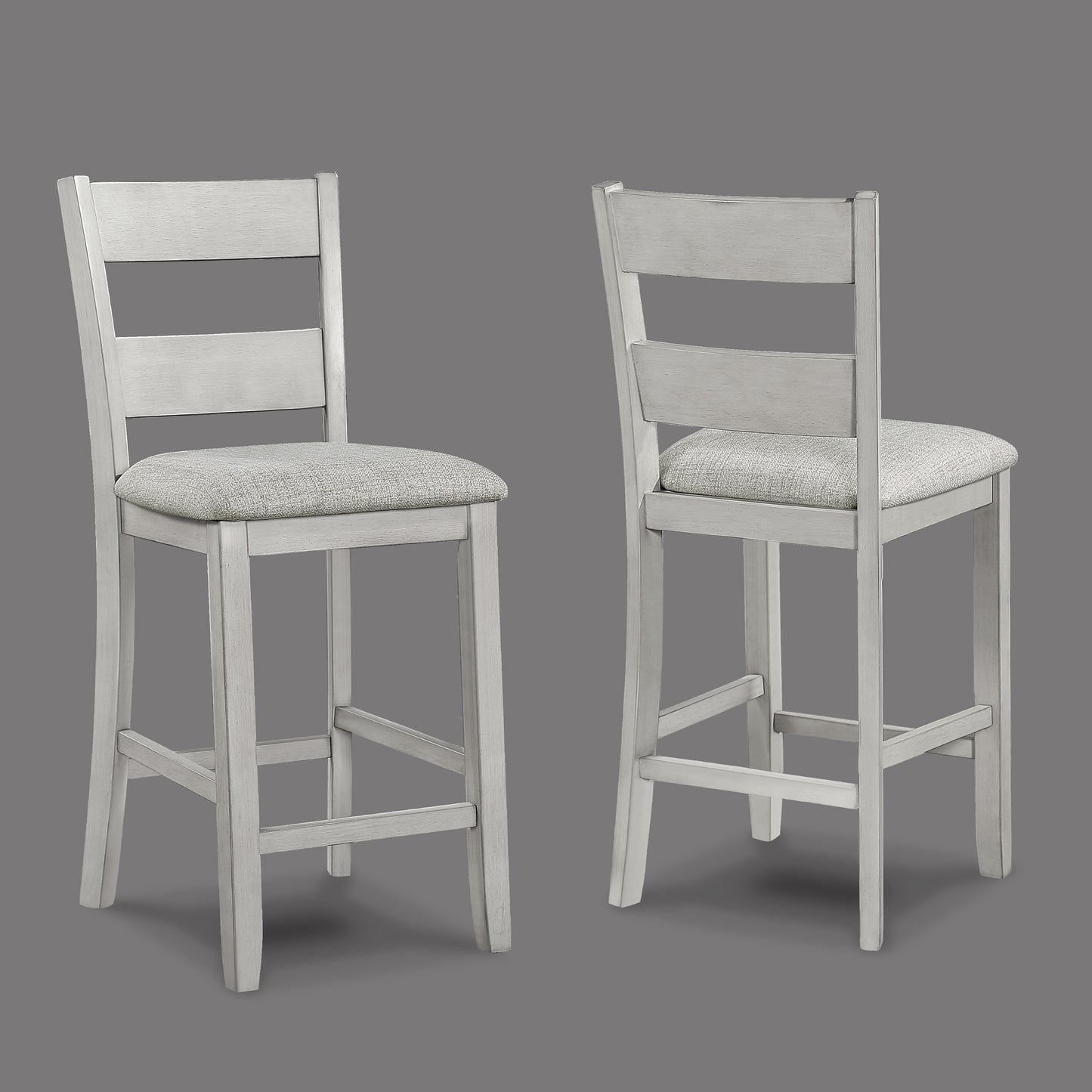 White wooden bar stool with grey upholstered seat