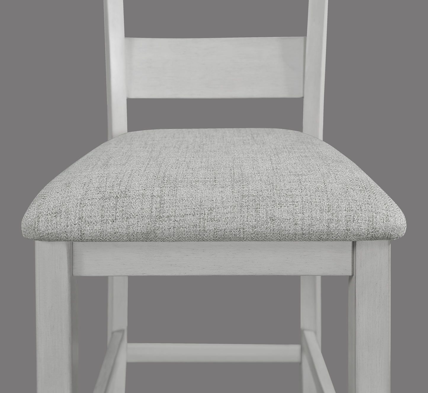 White wooden bar stool with light grey woven upholstered seat