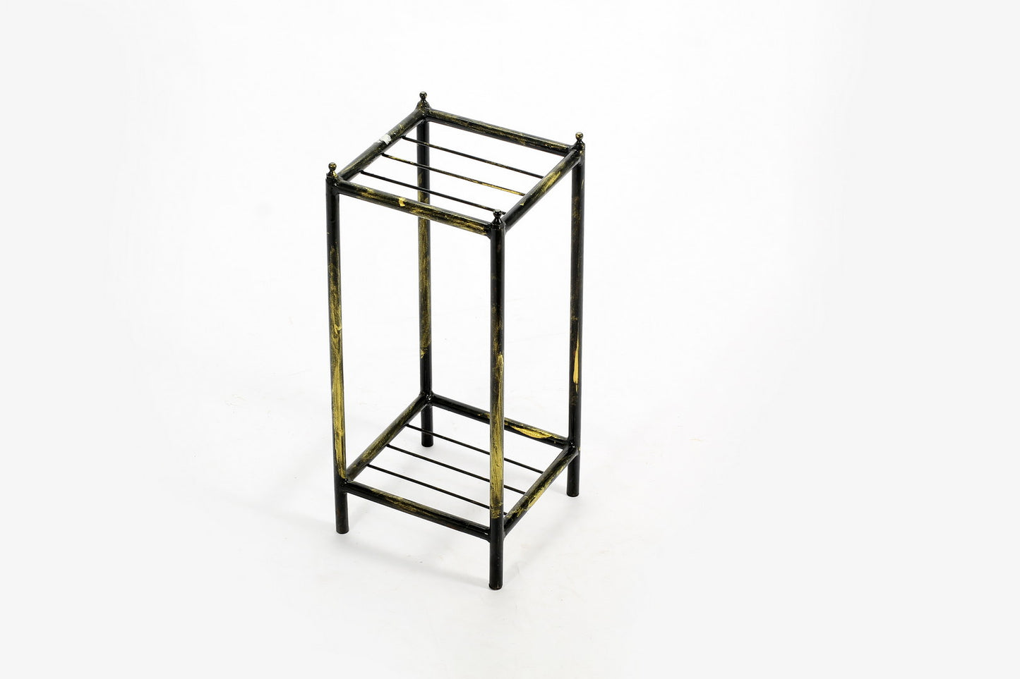 Black and gold metal plant stand with two tiered shelves