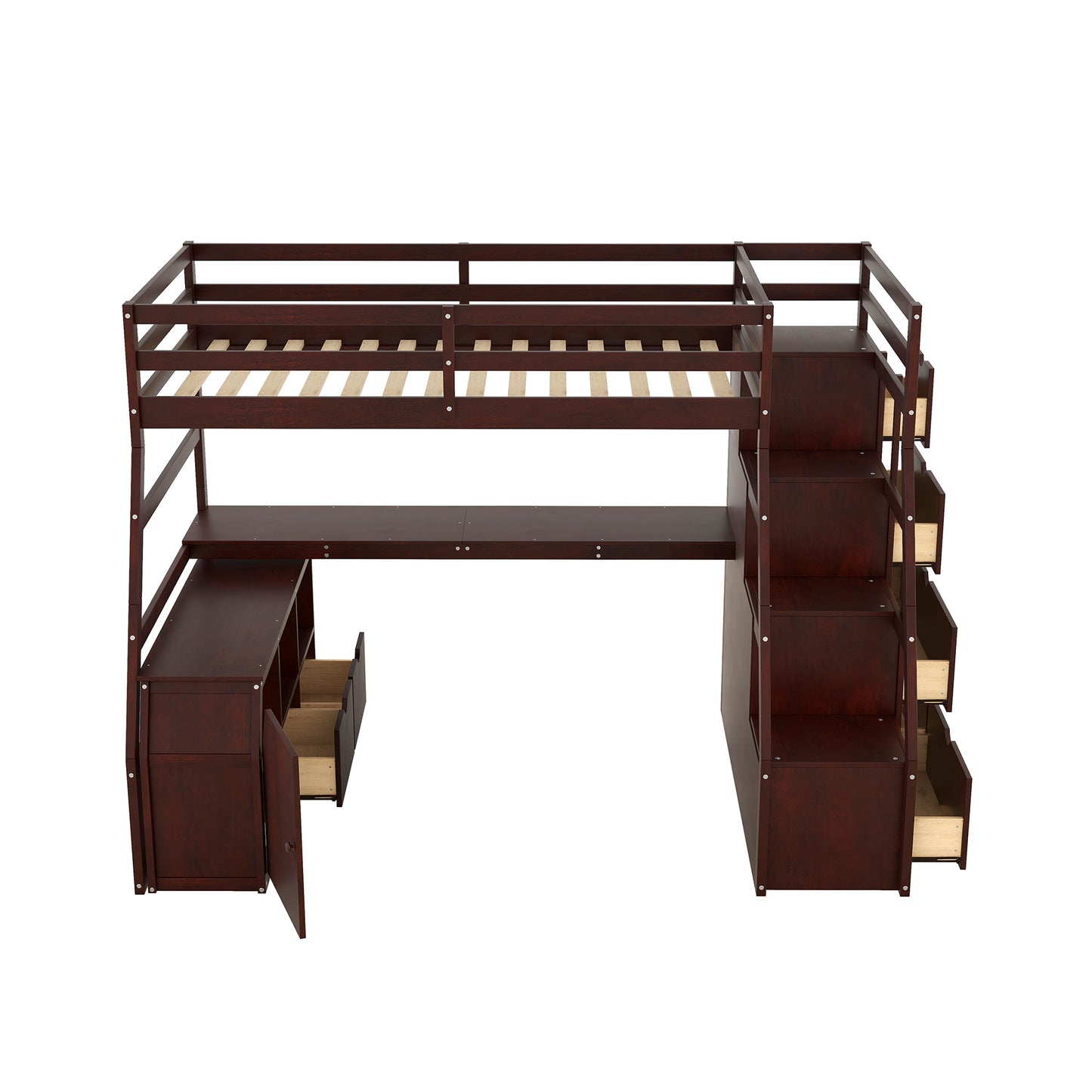 Dark wood loft bed with integrated desk and storage drawers