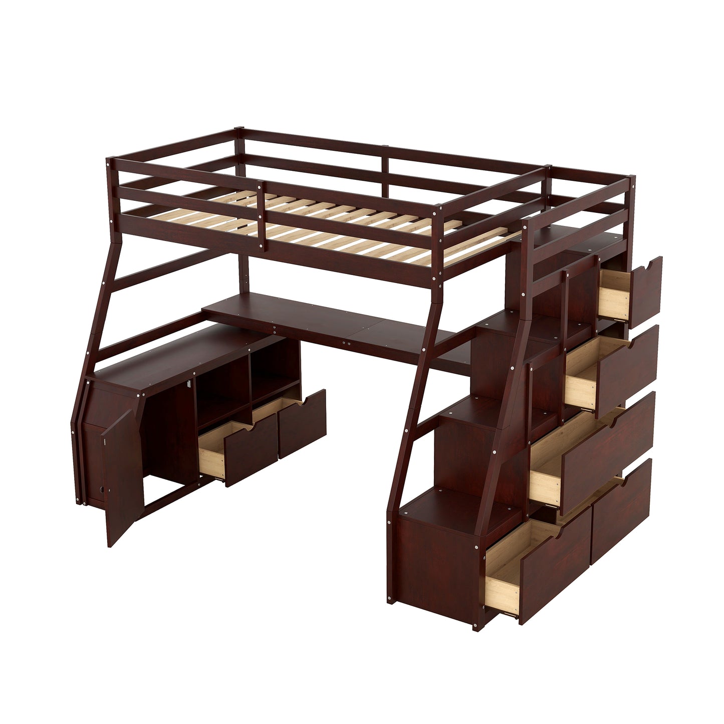 Dark cherry wood loft bed with integrated desk and storage drawers