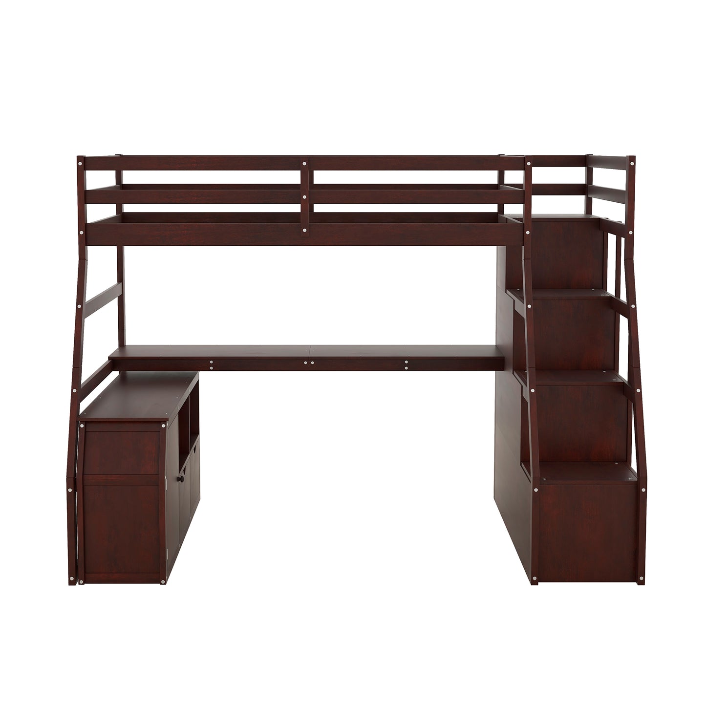 Dark mahogany wood loft bed with integrated desk and stairs