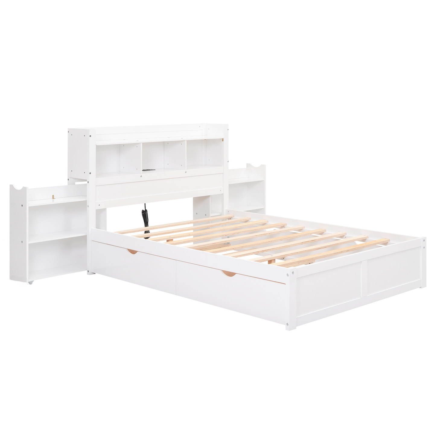 White wooden bed frame with builtin bookshelf headboard and storage drawers
