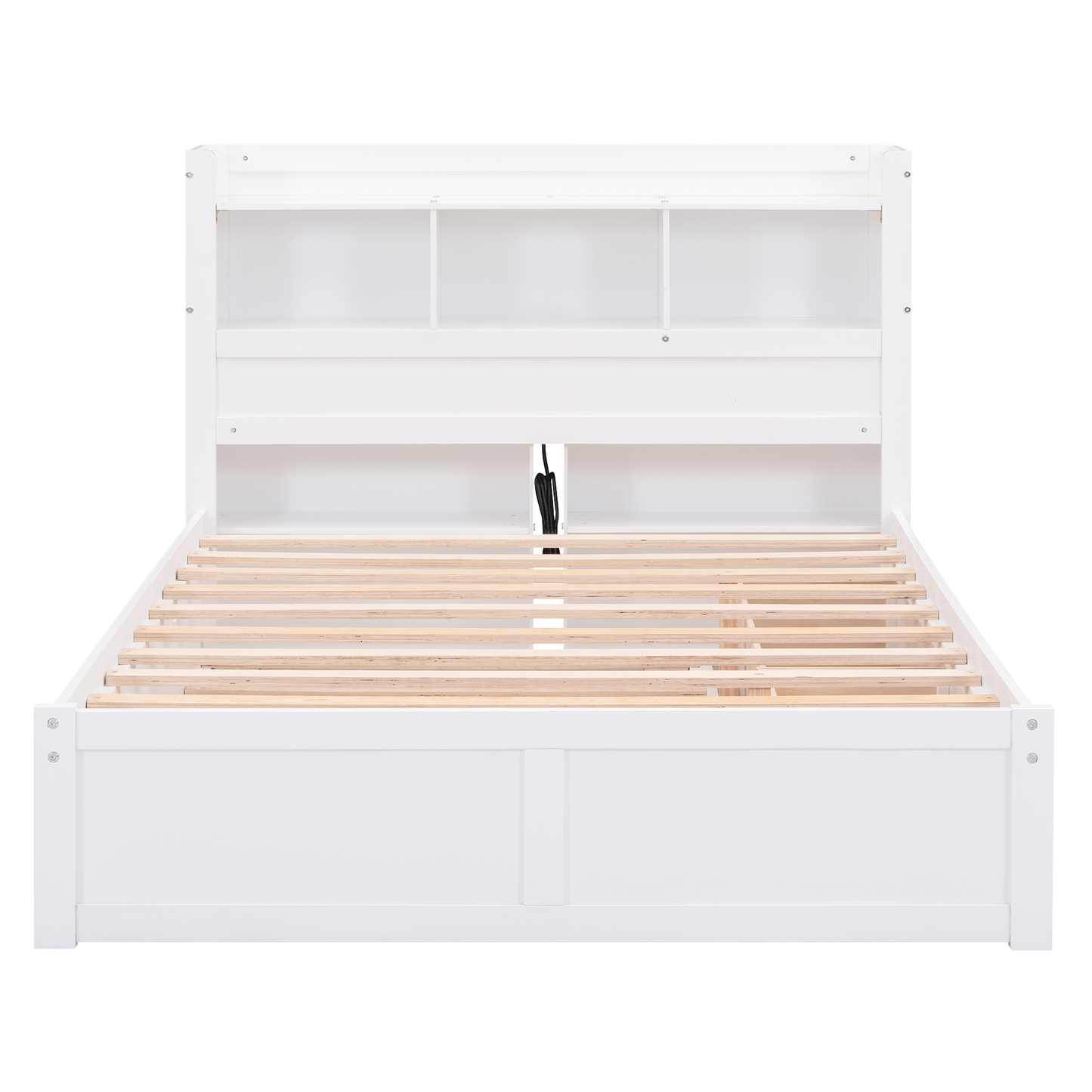 White wooden bed frame with bookshelf headboard and slatted base
