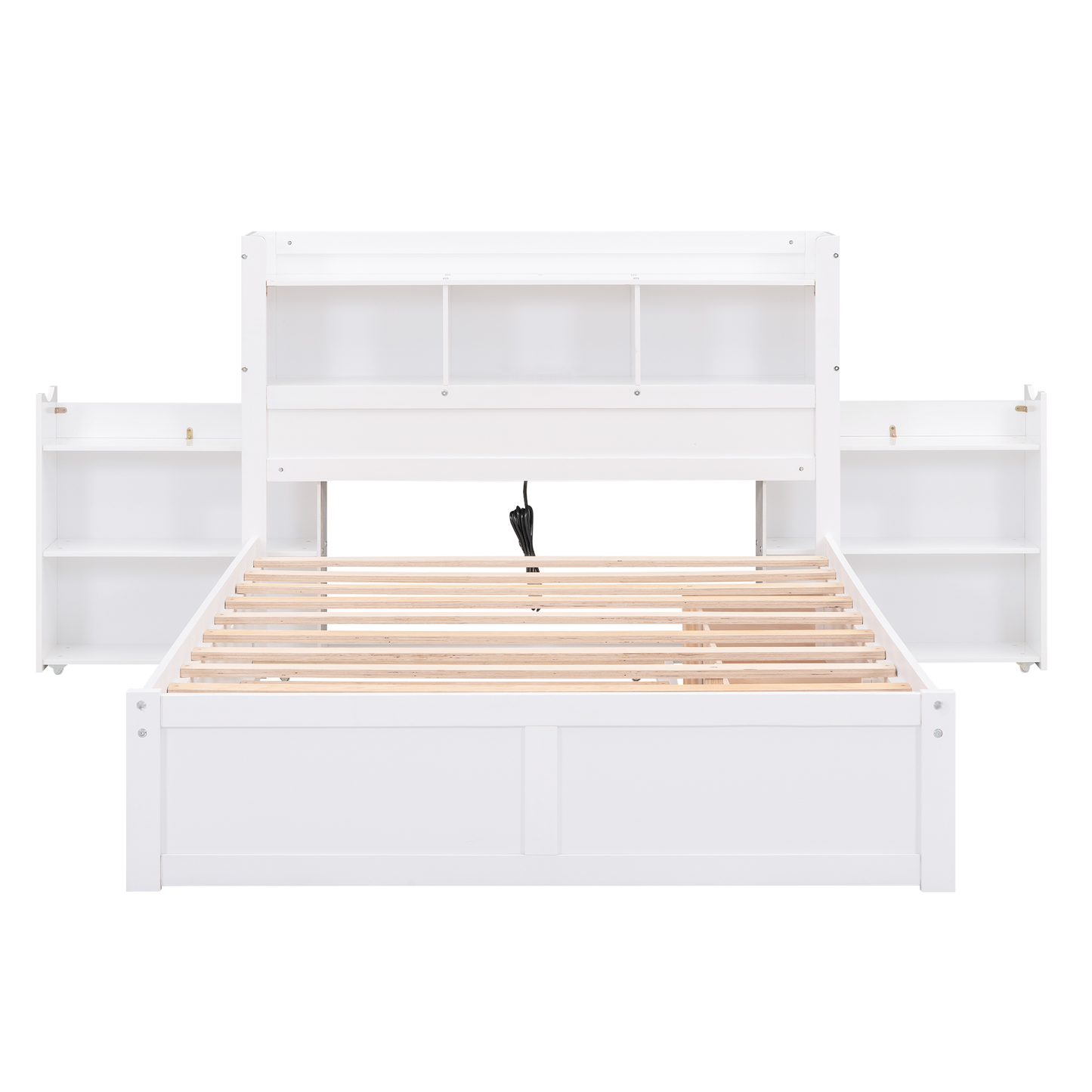 White wooden platform bed with builtin headboard bookcase and side storage shelves
