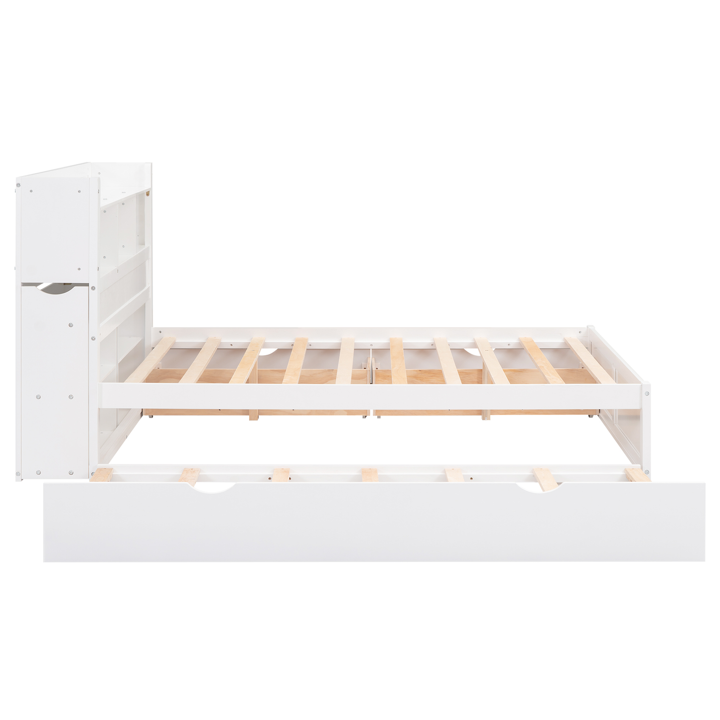 White twin bed frame with builtin bookshelf and pullout trundle
