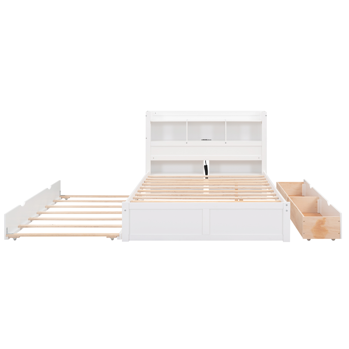 White twin bed frame with pullout trundle and storage drawers