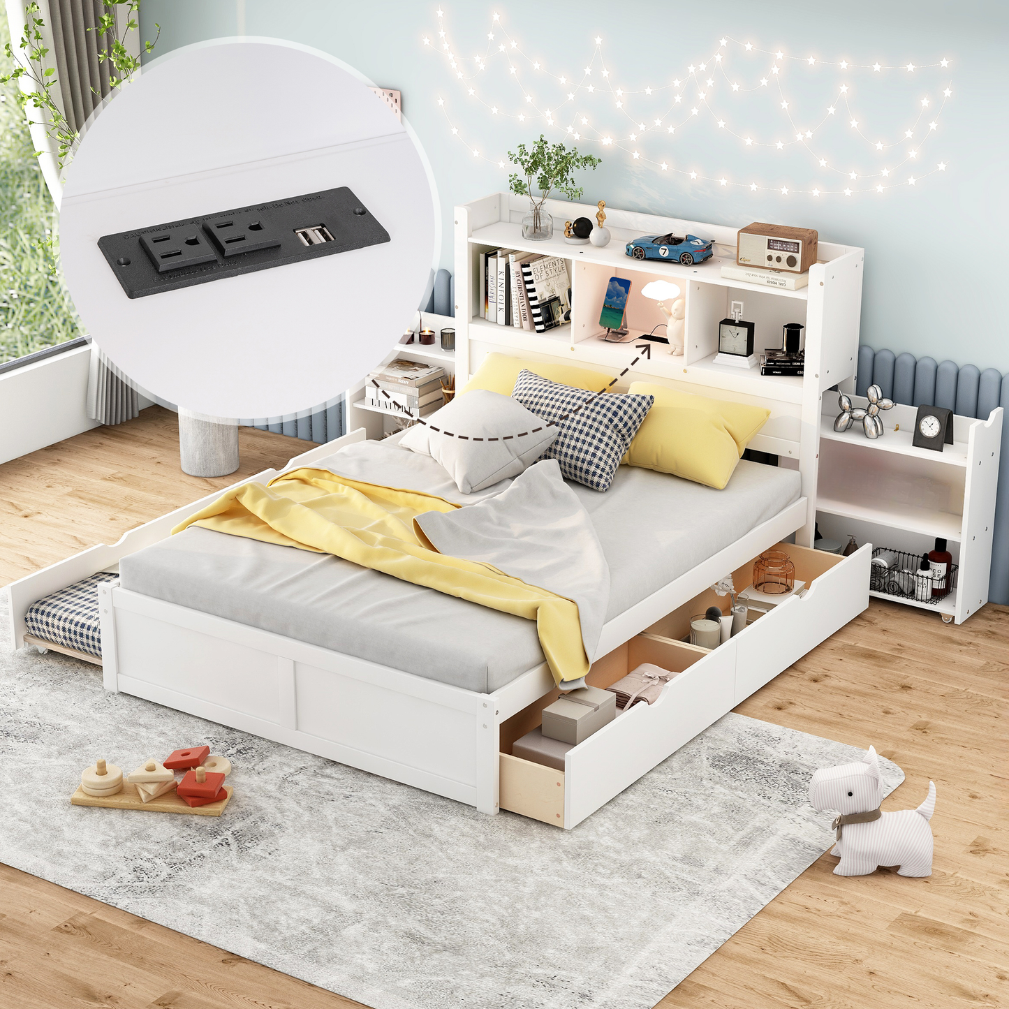 White twin bed with builtin drawers and a pullout trundle