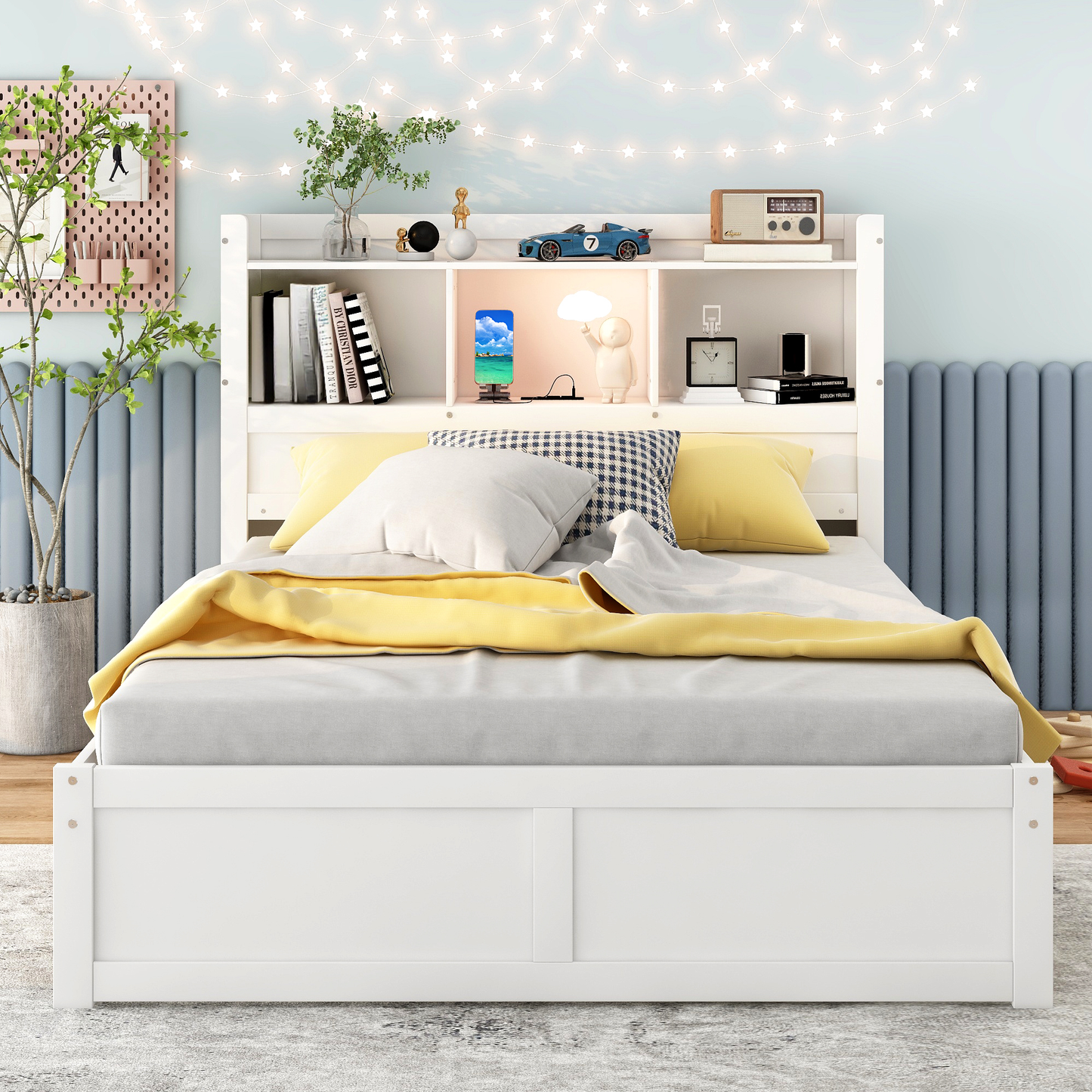 White twin bed with bookcase headboard and yellow bedding