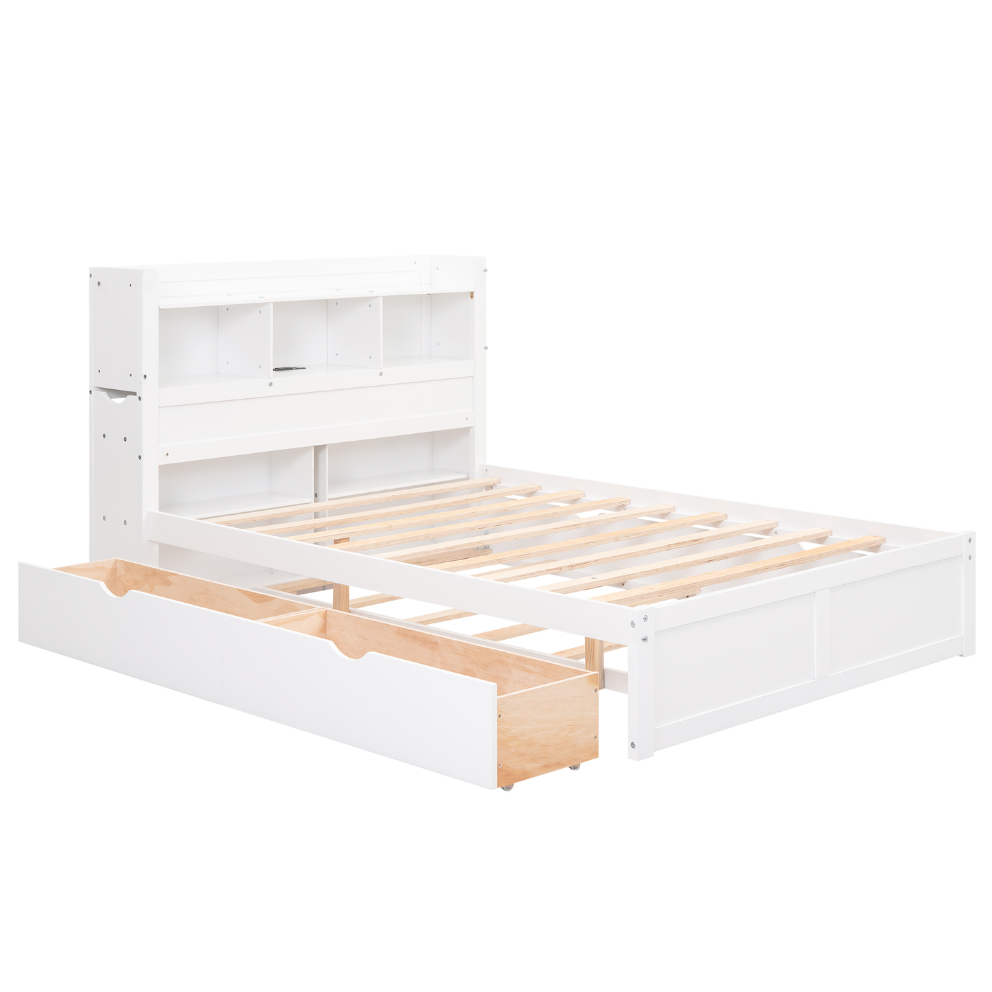 White wood twin bed frame with storage drawers and a bookshelf headboard