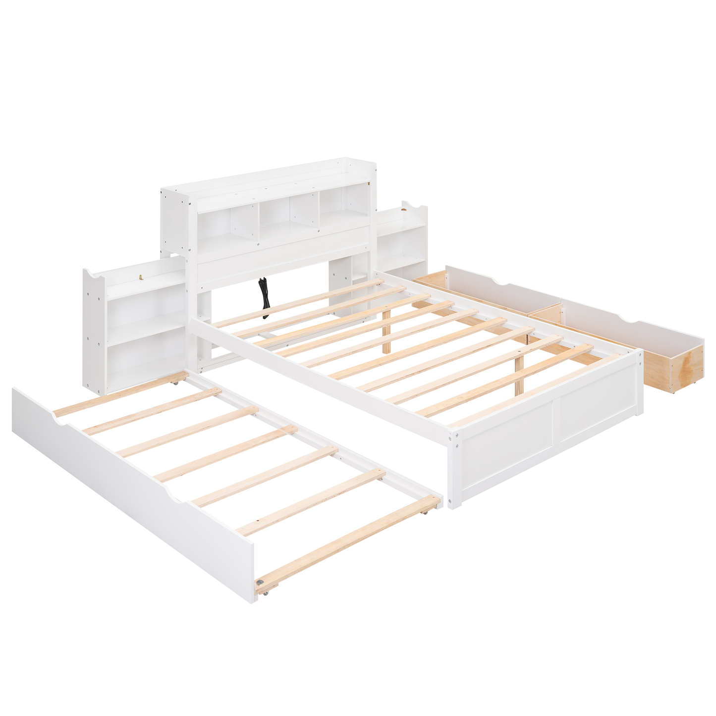 White twin daybed with pullout trundle and integrated bookshelf headboard