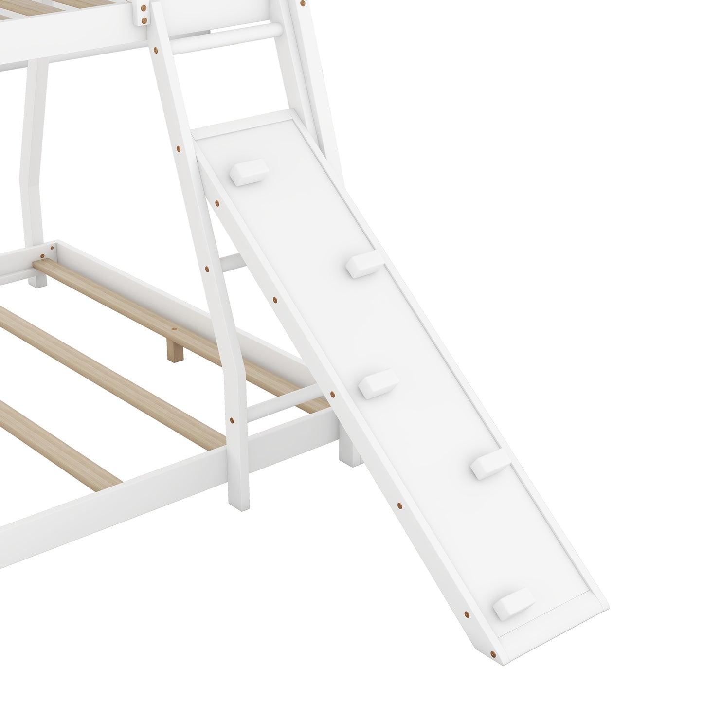 White wooden loft bed ladder with integrated slide and safety steps