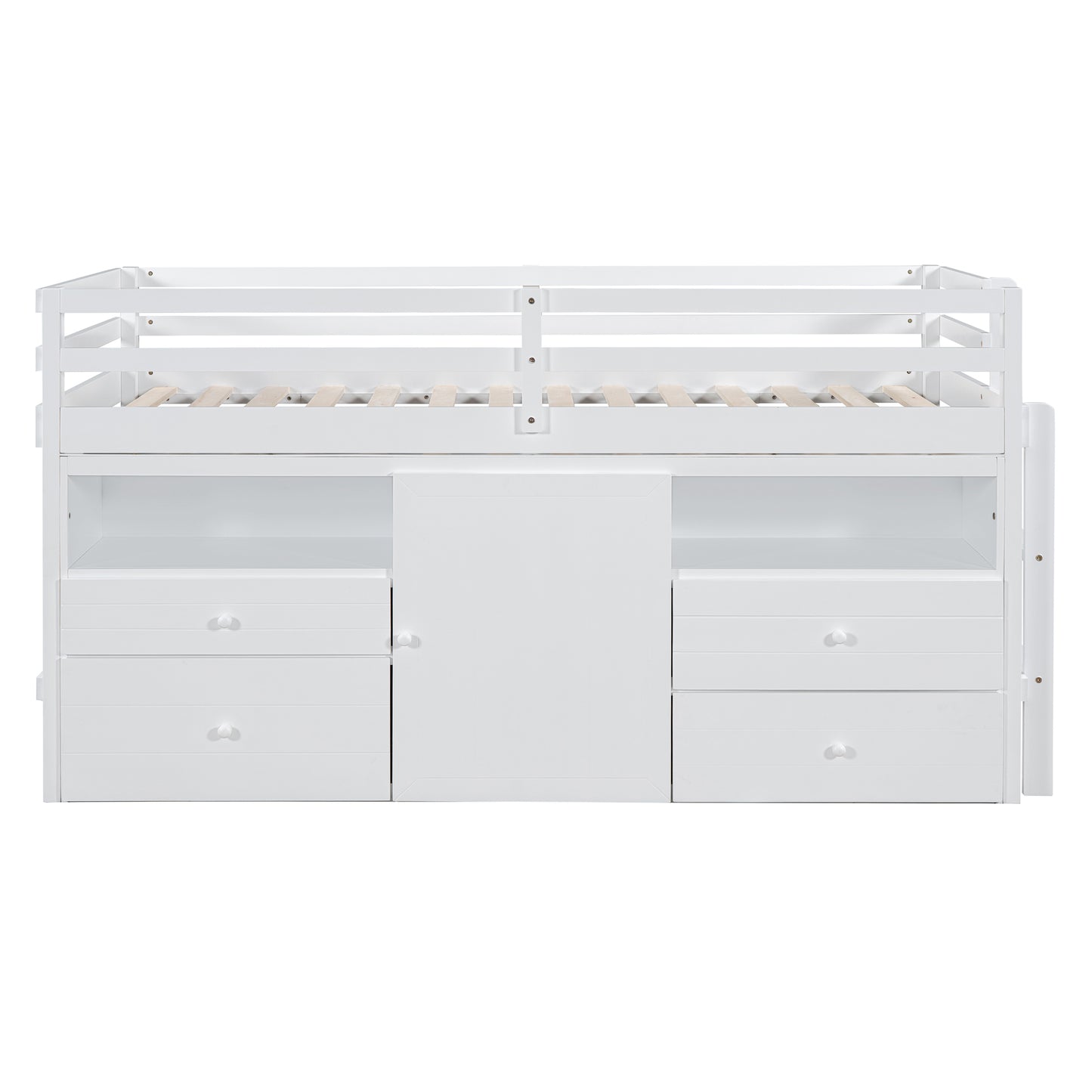 White loft bed with integrated drawers and cabinet
