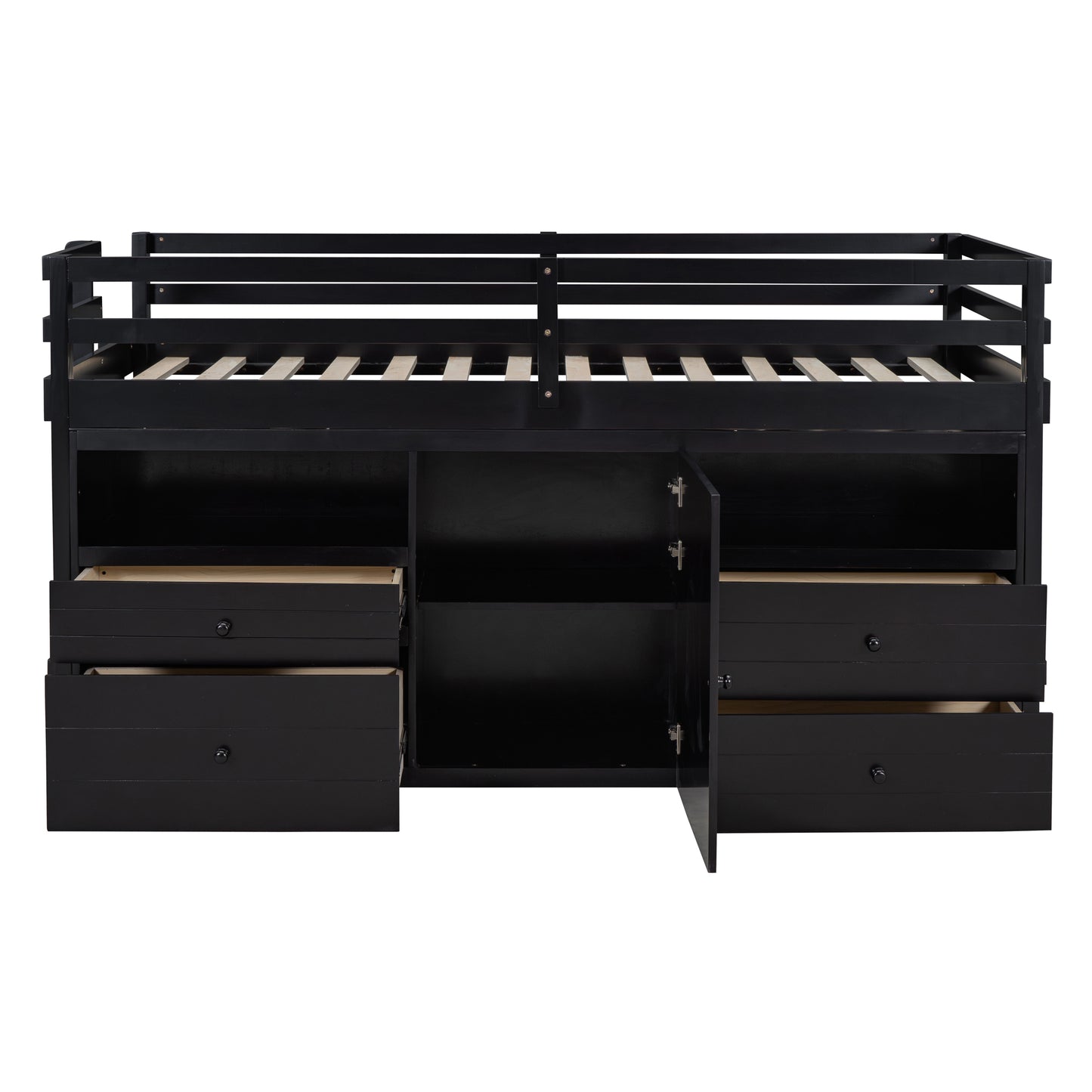 Black twin loft bed with drawers and cabinet