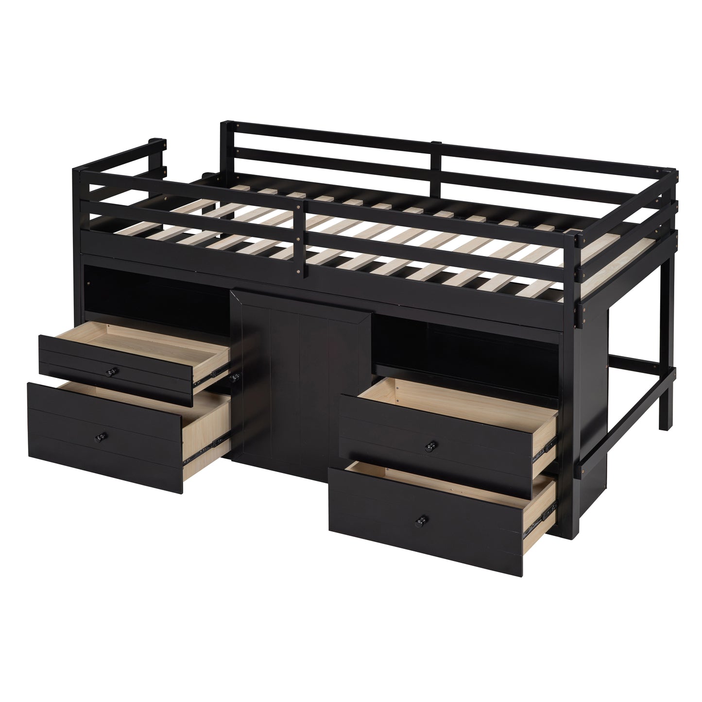 Black wood loft bed with six drawers and cabinet doors