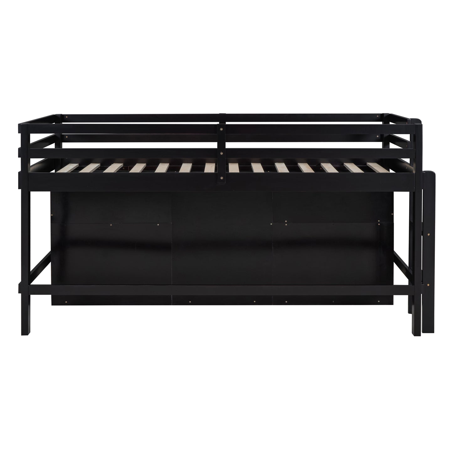 Black twin loft bed with wood slats and safety rails
