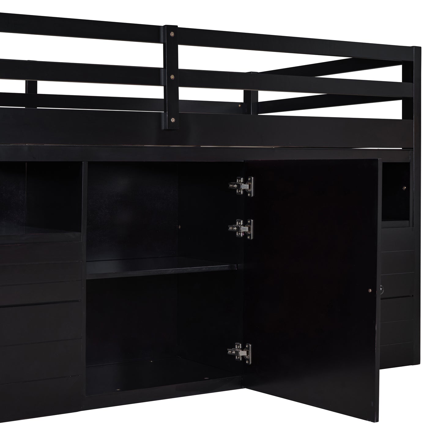 Black loft bed with open storage doors and drawers