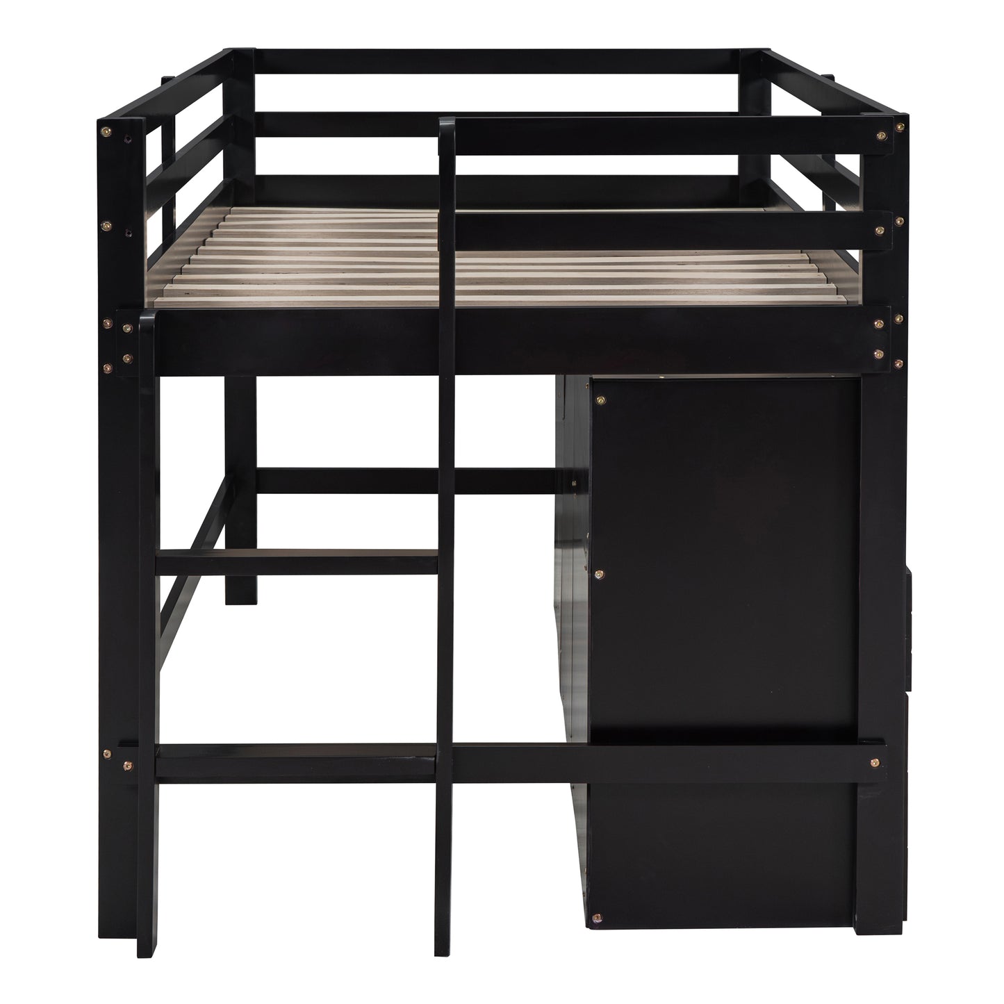 Black loft bed with desk and ladder