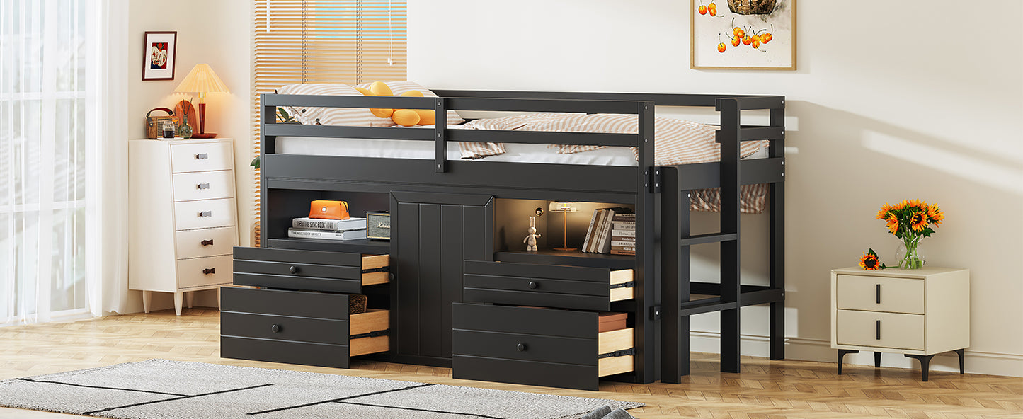 Dark gray wooden loft bed with integrated drawers and shelves