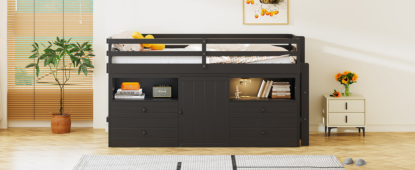 Dark gray wooden loft bed with storage drawers and cabinets