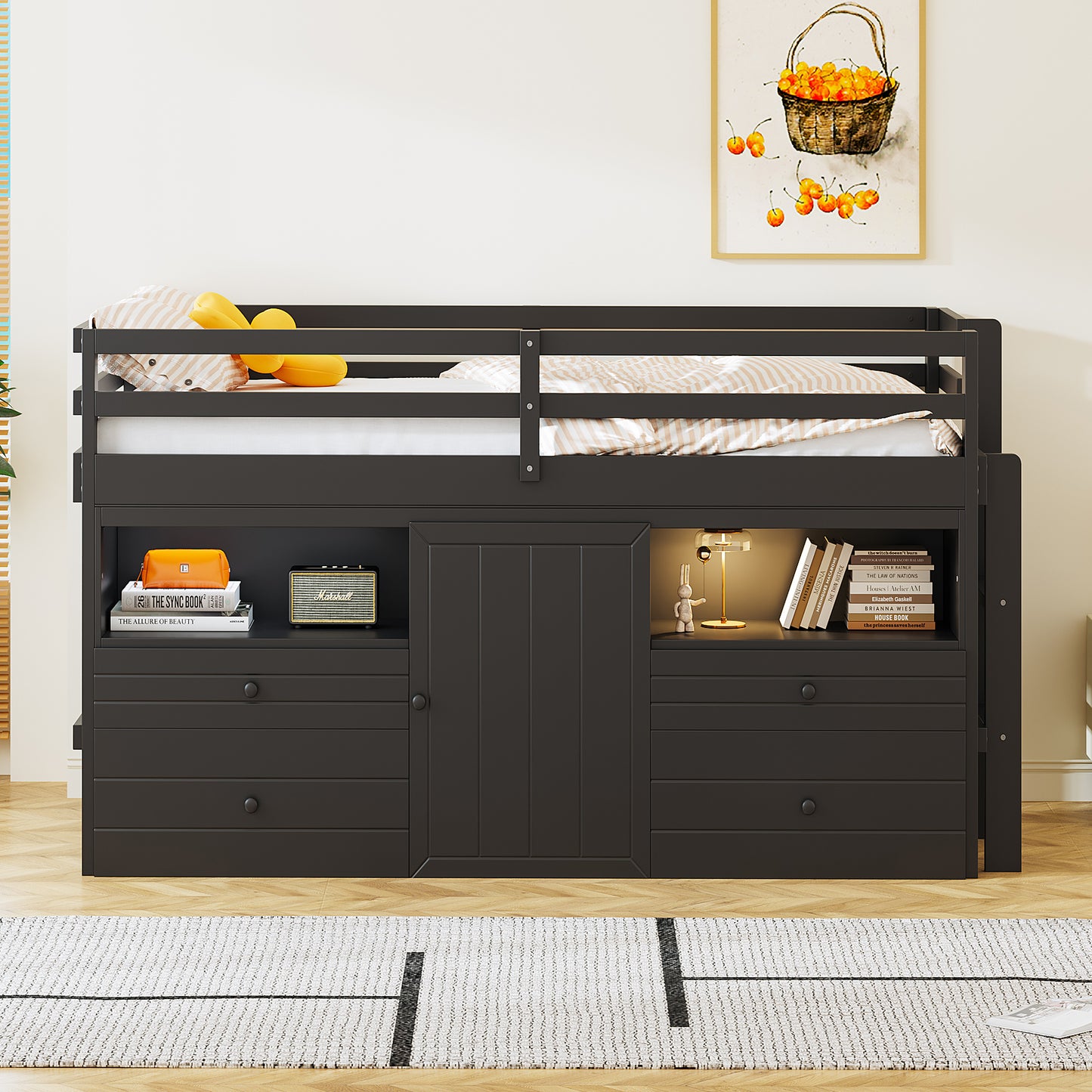 Dark gray loft bed with drawers and cabinet