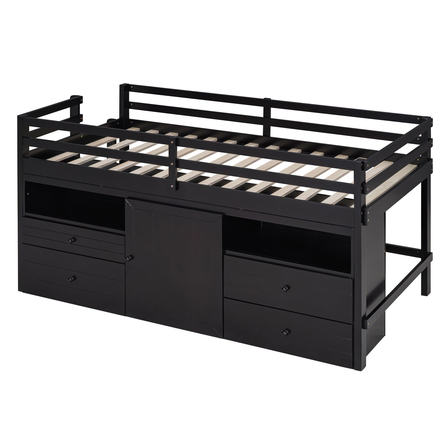 Black wood loft bed with integrated drawers and cabinet