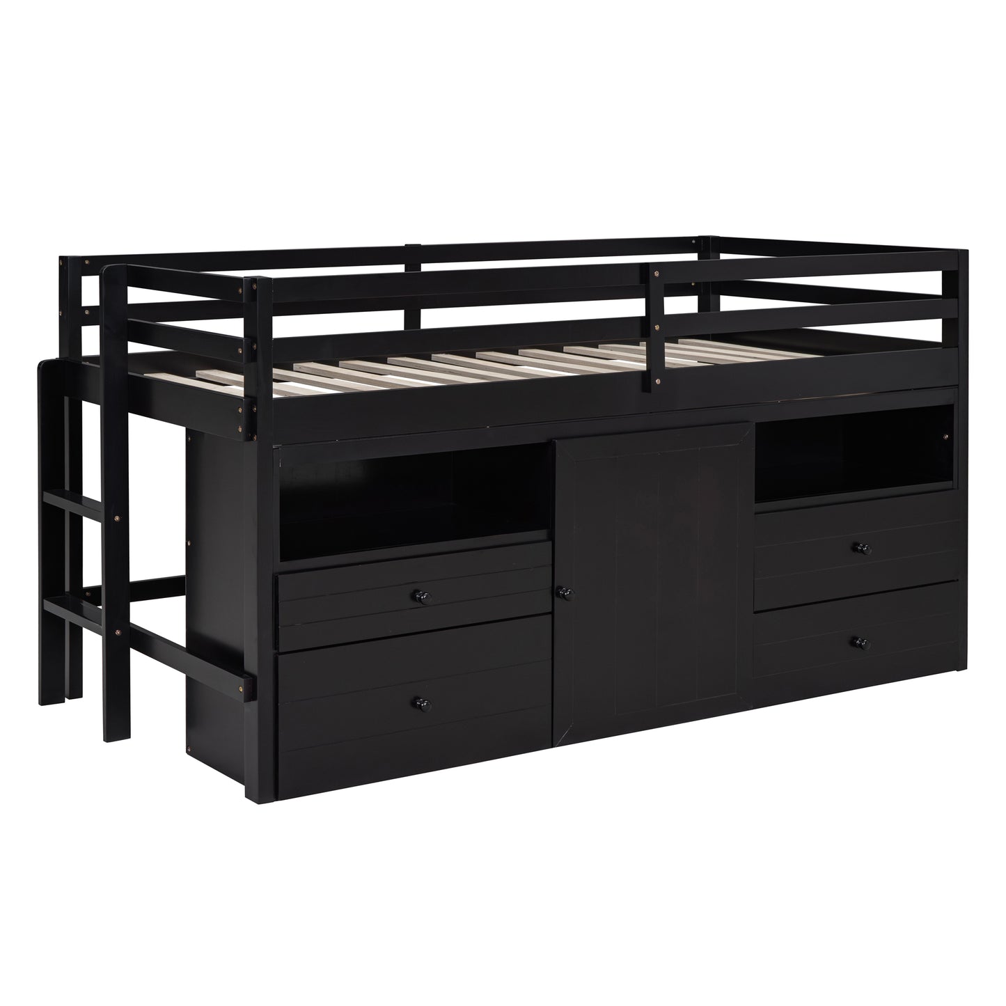 Black wooden loft bed with storage drawers and a sliding door
