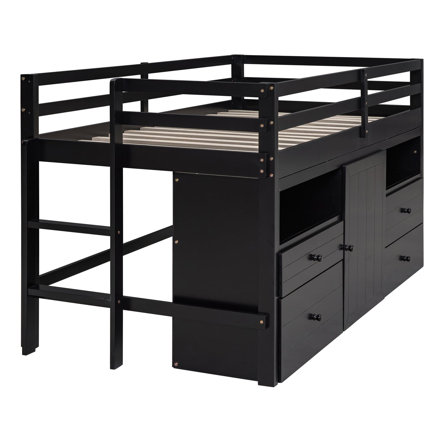 Black wooden loft bed with drawers and cabinet