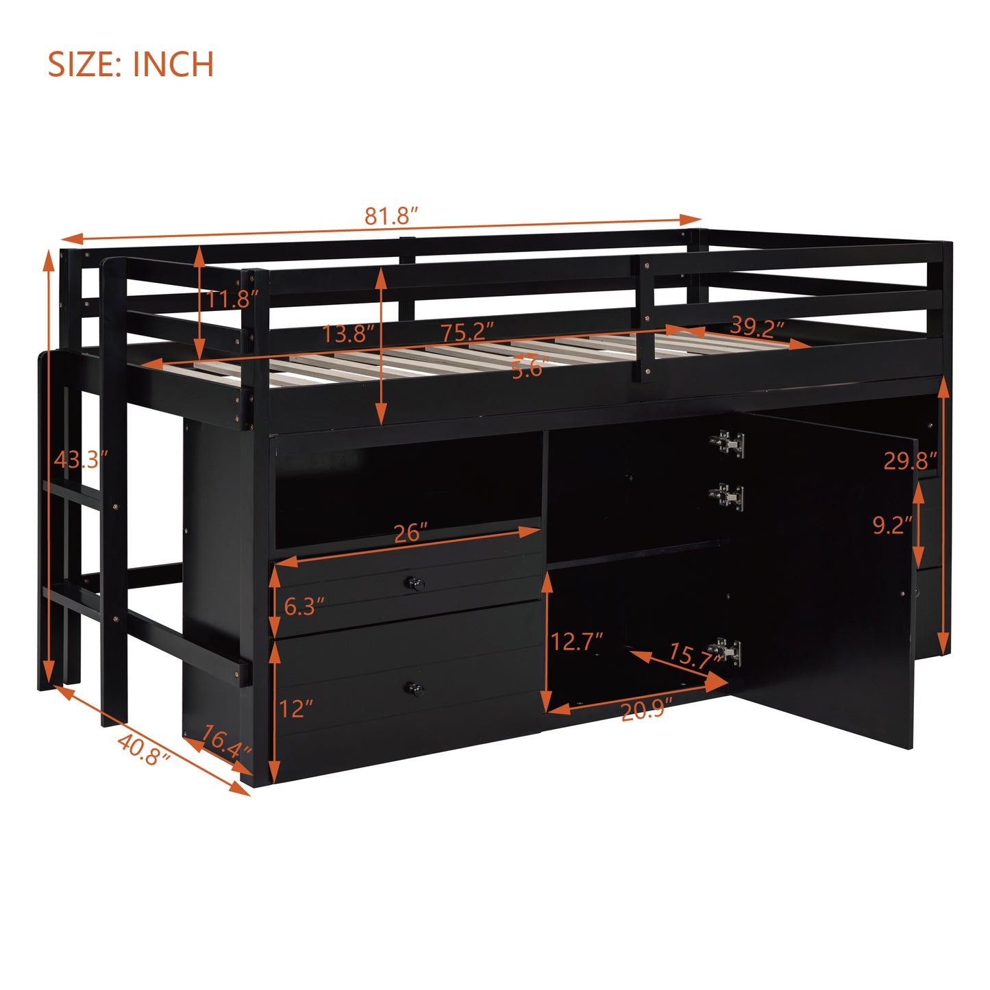 Black loft bed frame with builtin drawers and cabinet for kids room