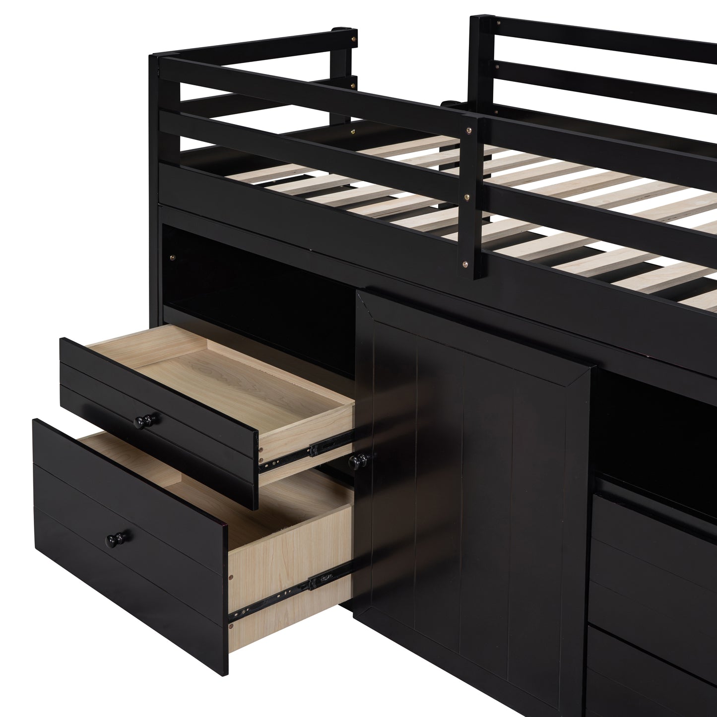 Black loft bed with drawers and sliding door cabinet