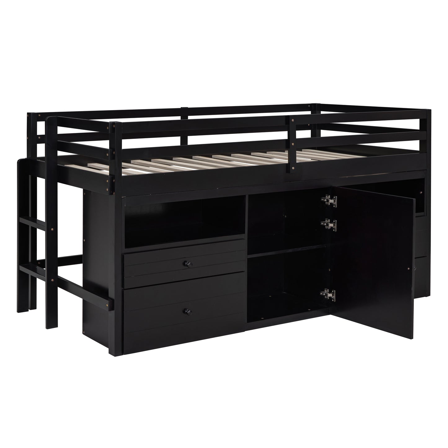 Black wooden loft bed with drawers and open cabinet