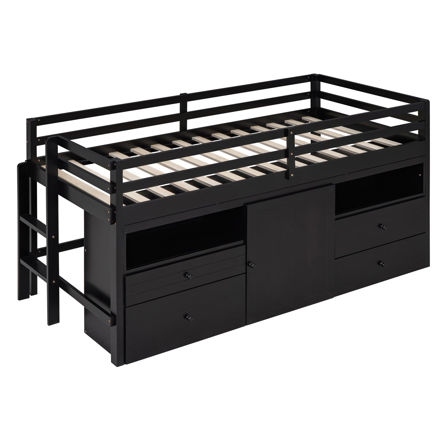 Black loft bed with integrated storage drawers and cabinet