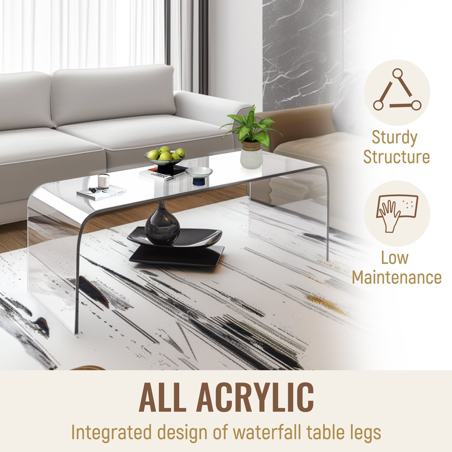 Clear acrylic coffee table with curved waterfall legs and modern design