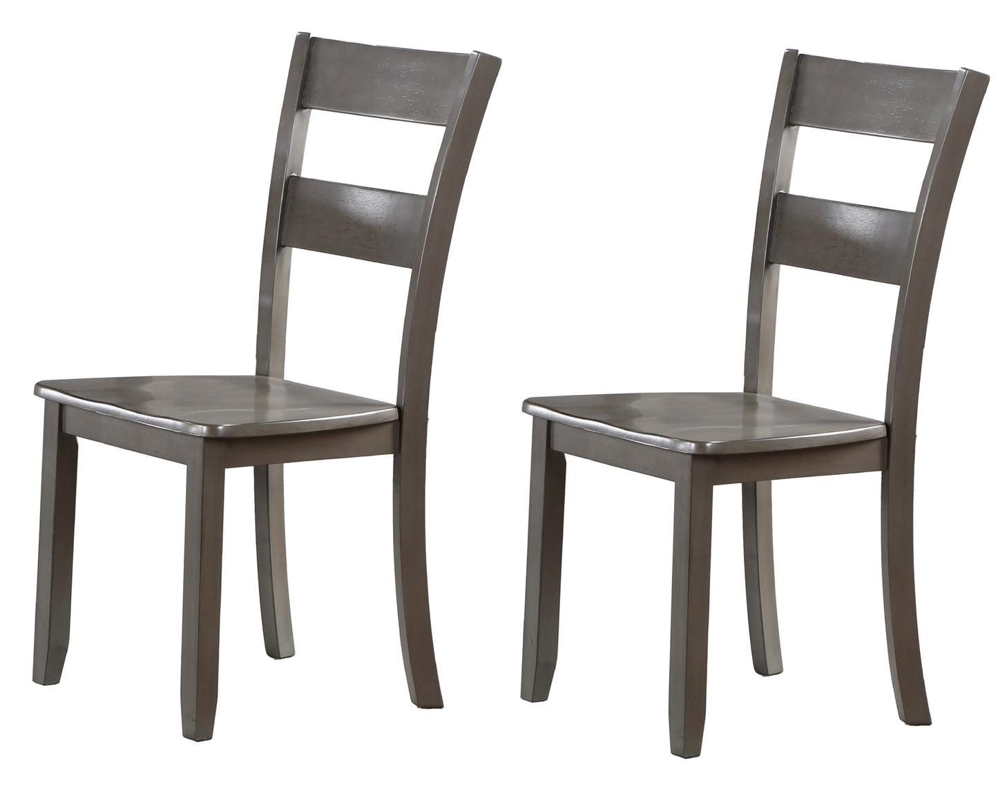 Pair of gray wooden dining chairs with slatted backs