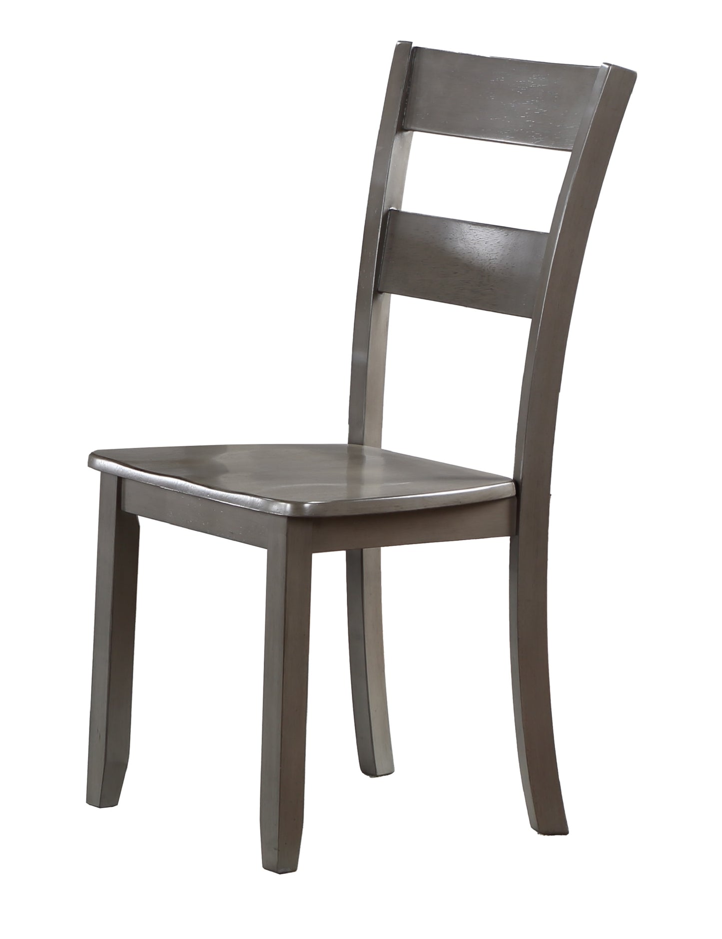 Grey wooden dining chair with a slatted back and contoured seat