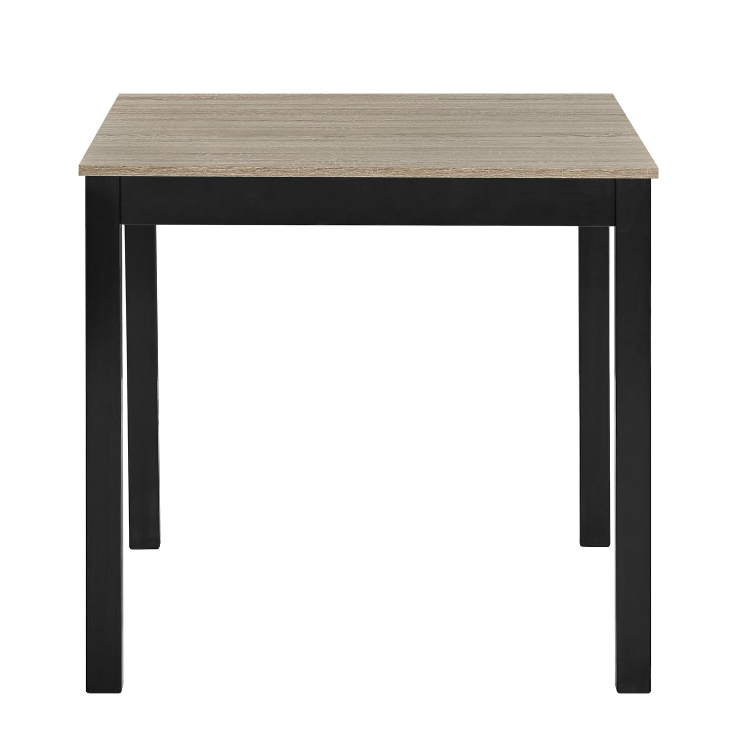 Square dining table with light wood grain top and black legs