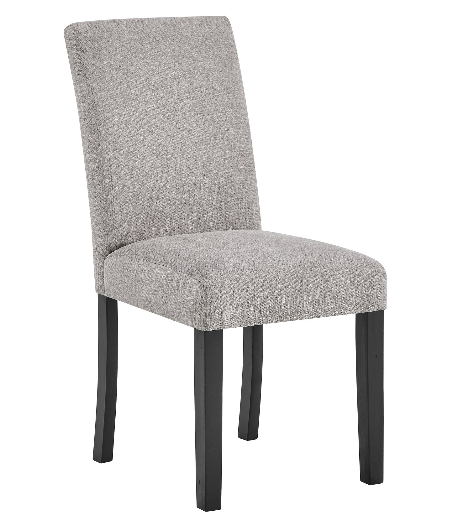 Grey upholstered dining chair with dark wood legs