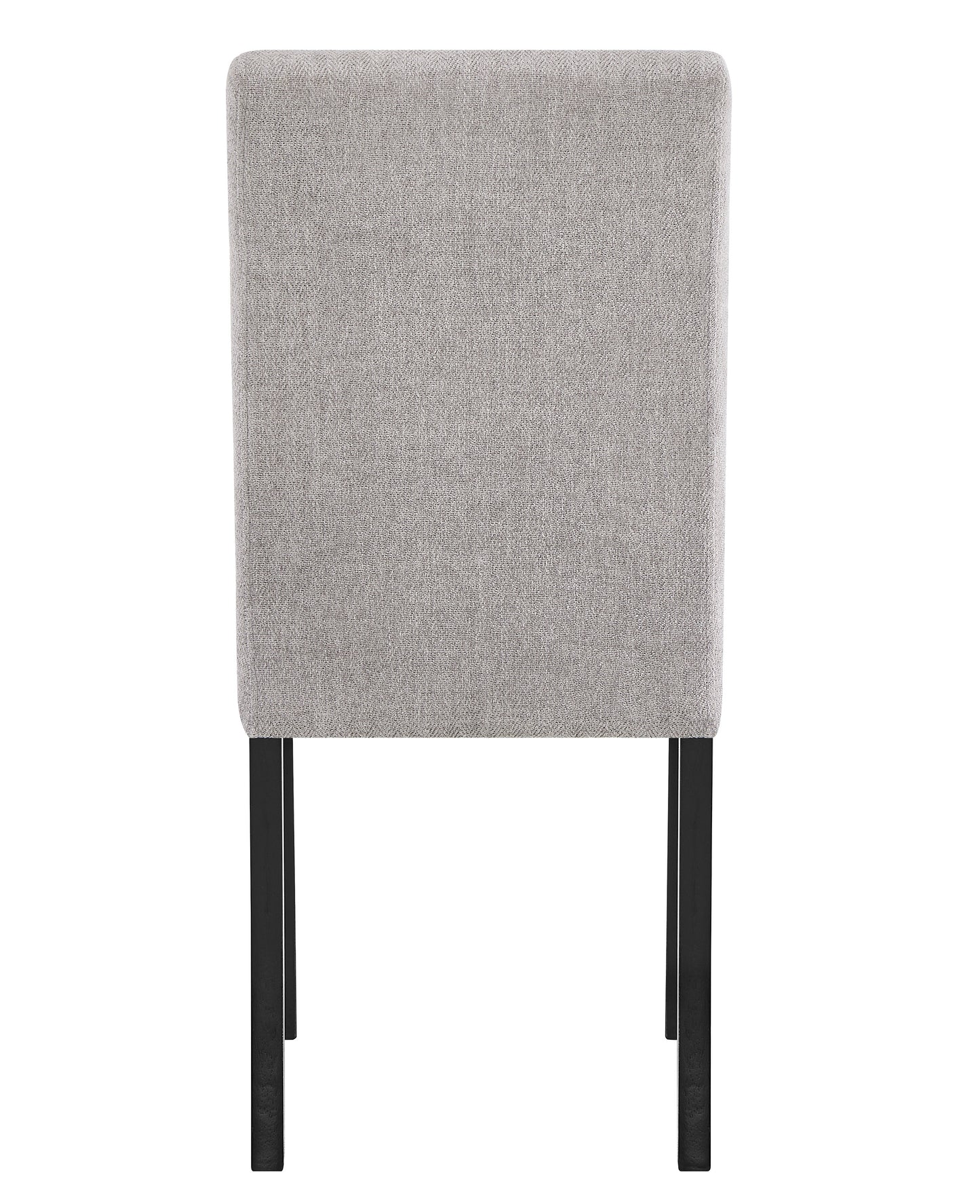 Back view of a textured light gray upholstered dining chair with black legs