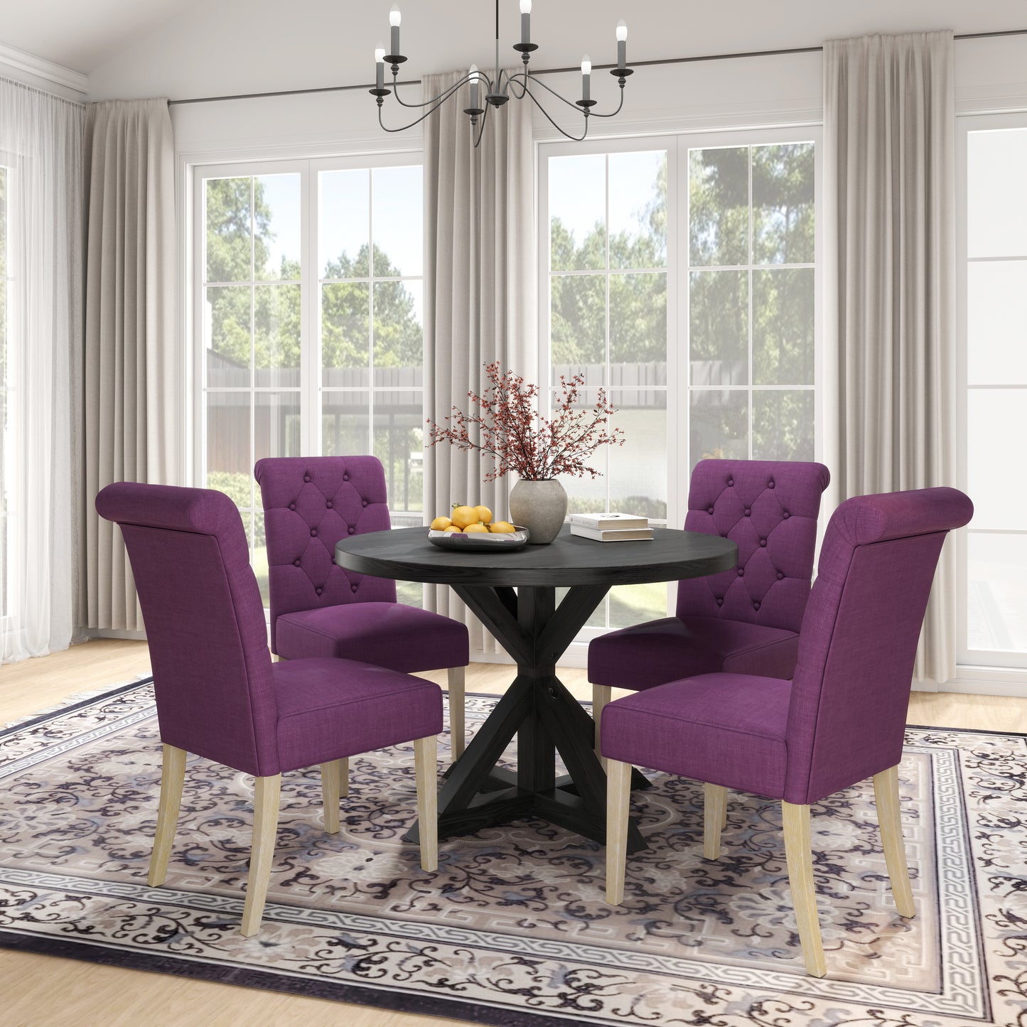 Purple upholstered tufted dining chair with light wood legs