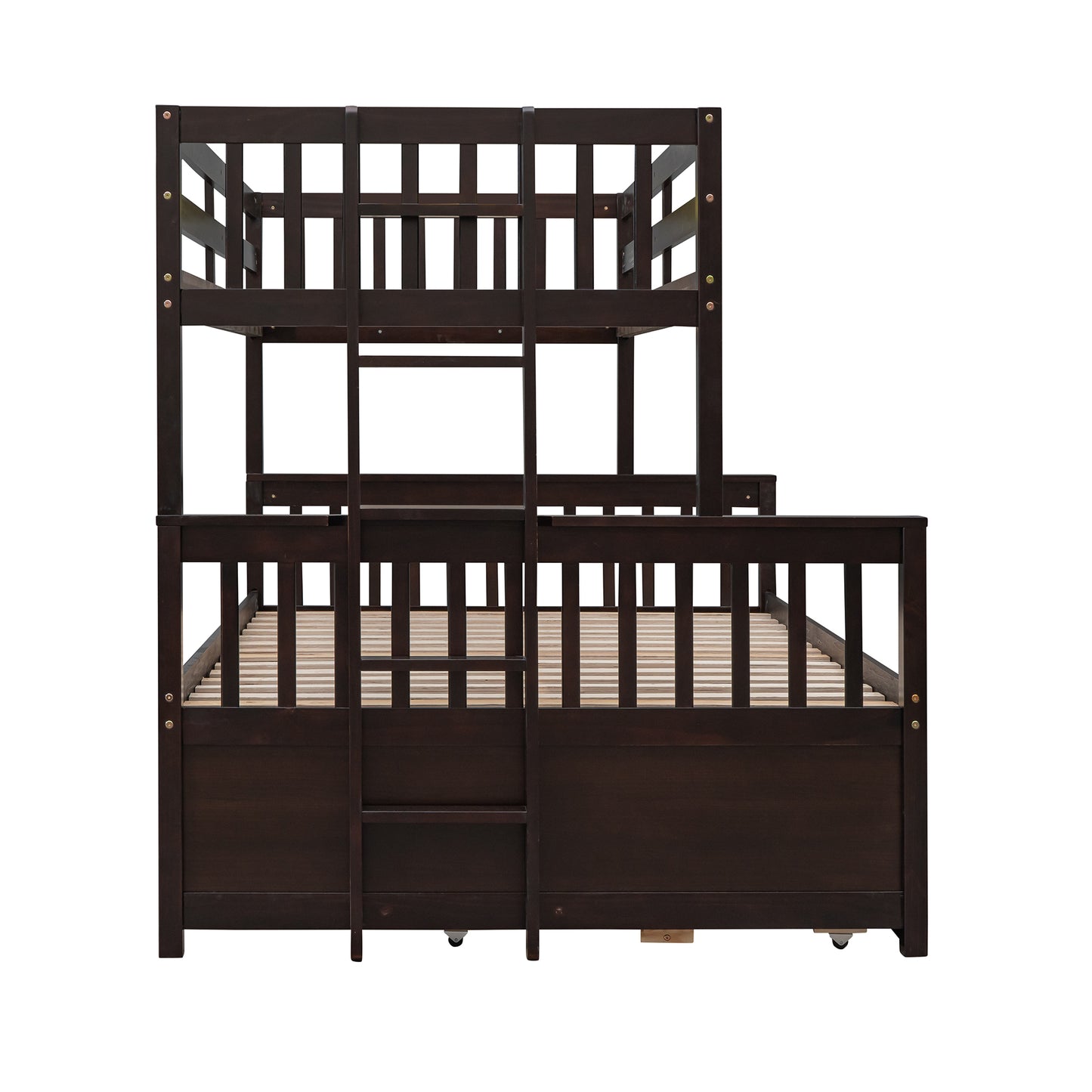 Dark brown wooden bunk bed with ladder and slat support for two mattresses