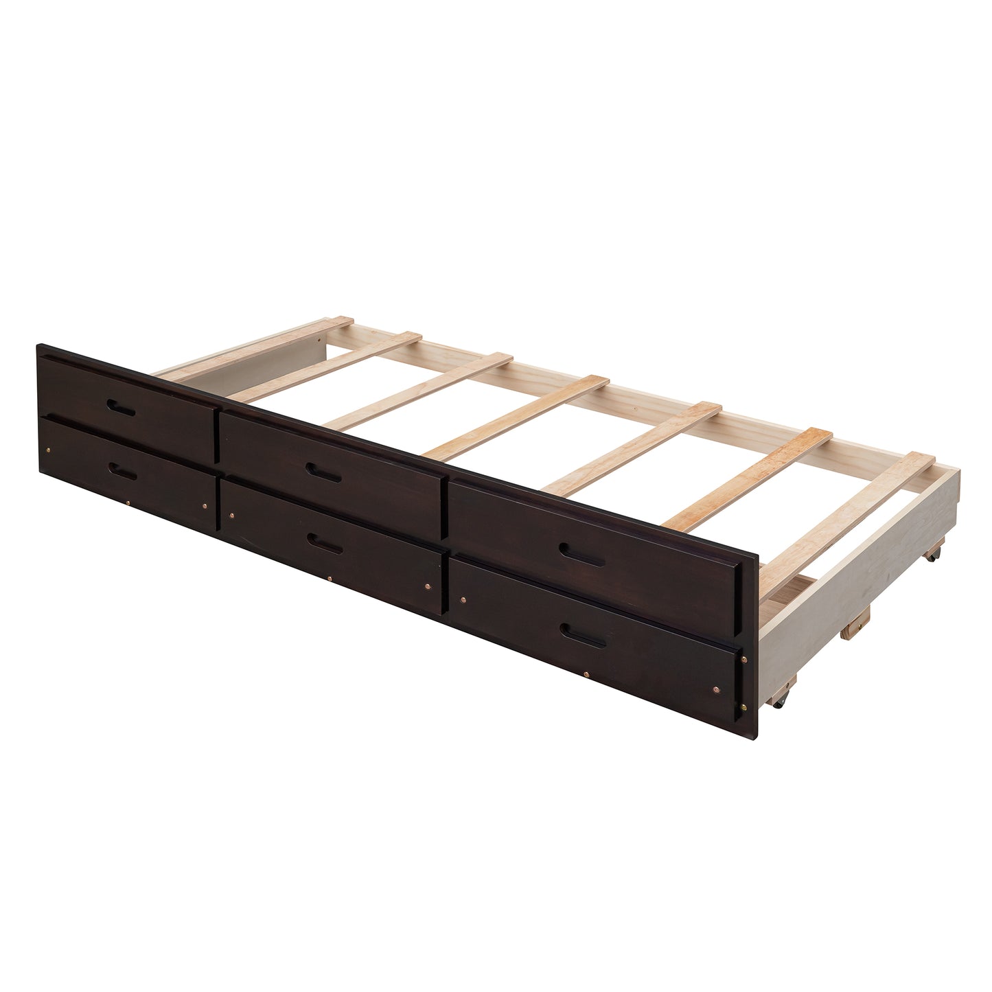 Dark brown twin bed drawer unit with six frontfacing drawers