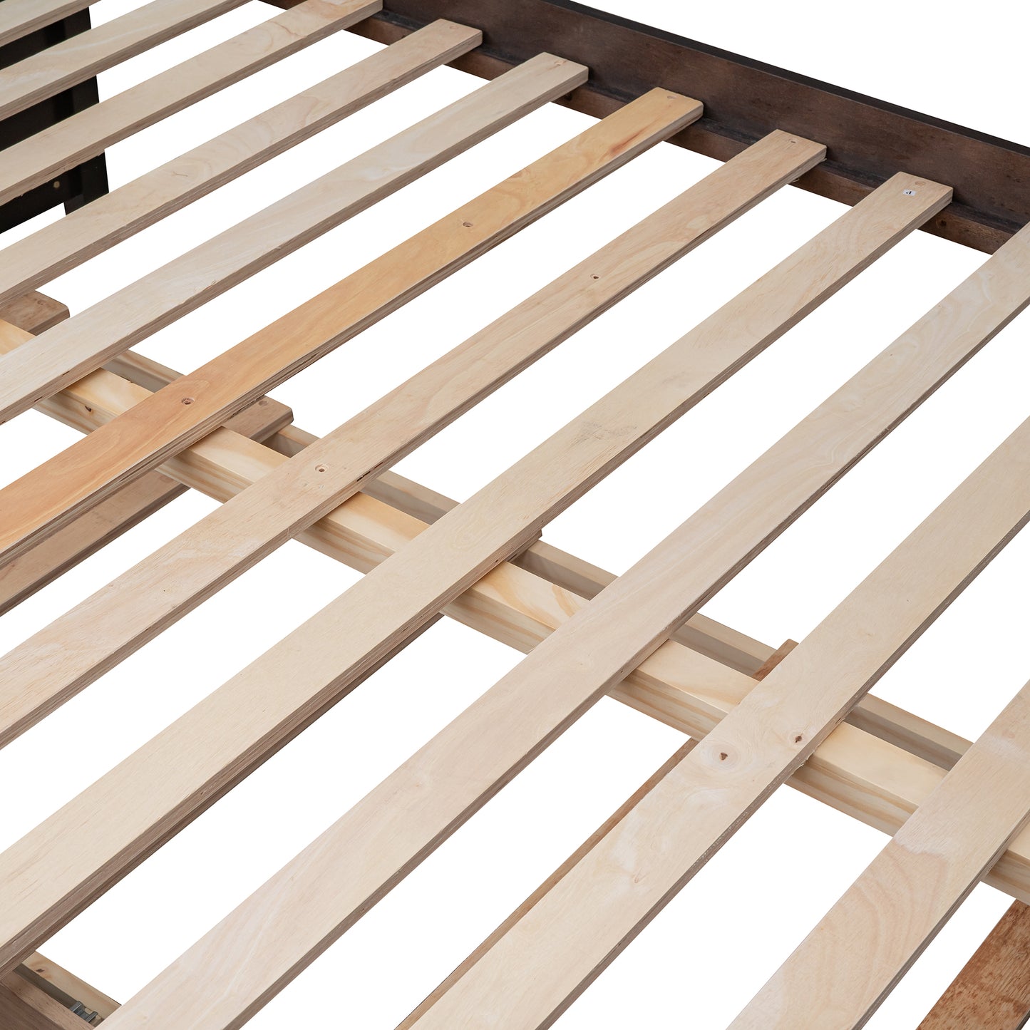 Close up of wooden slats supporting a platform bed frame