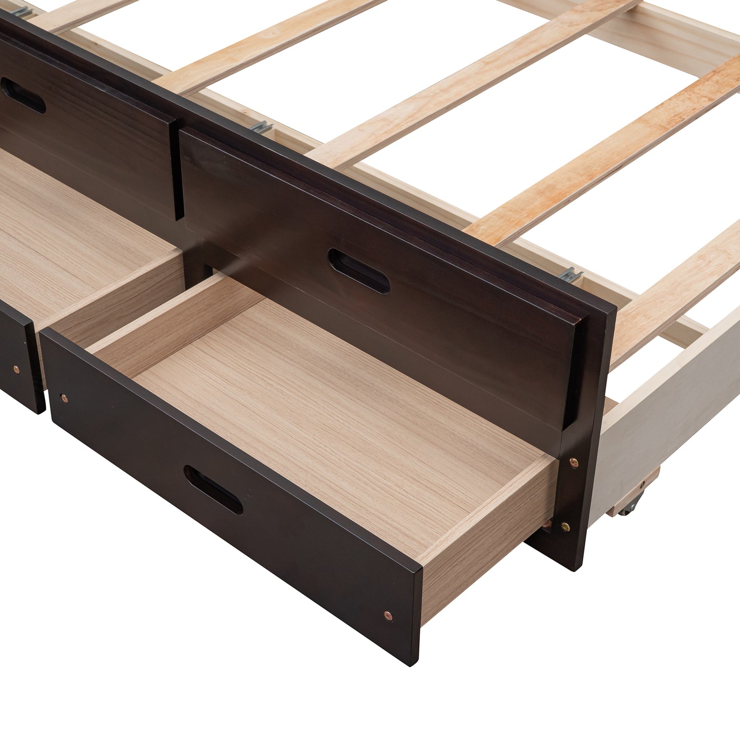Dark brown wooden bed frame with open storage drawers and slatted support