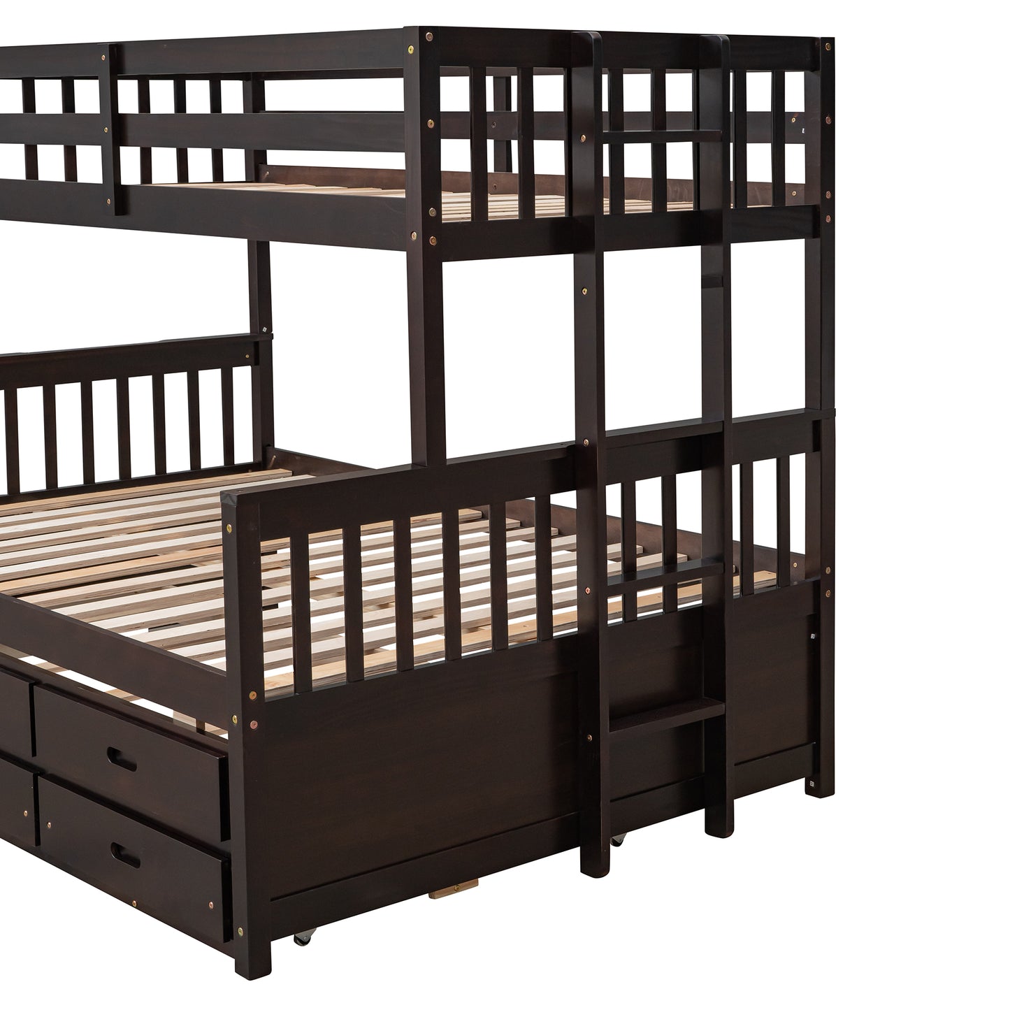 Dark brown wooden triple bunk bed with storage drawers